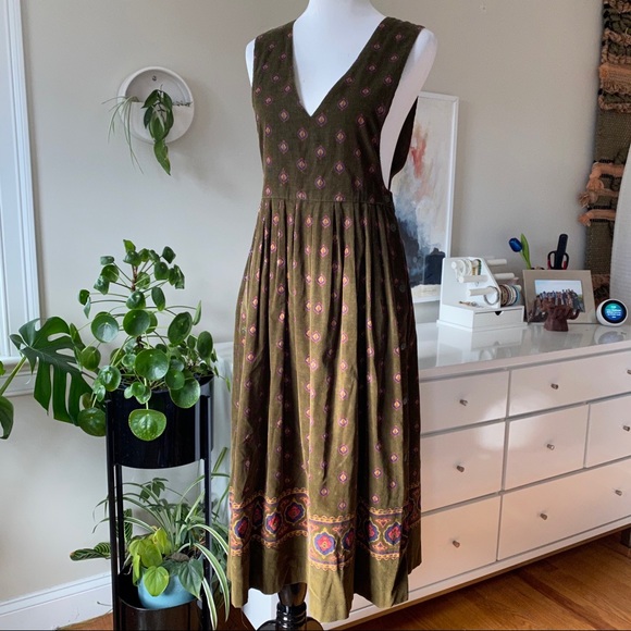 Vintage Dresses & Skirts - VTG 90s green corduroy jumper dress midi pinafore
